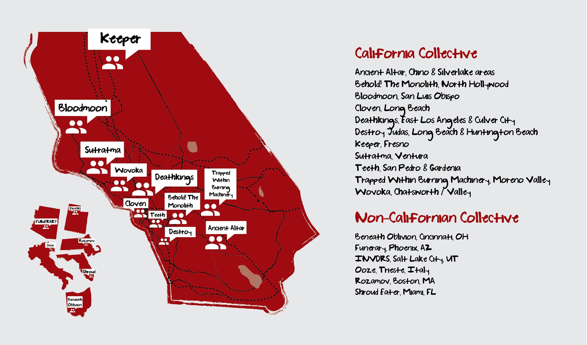 The Midnite Collective, mapped onto California. Other states not to scale. 